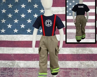 Cute Toddler Firefighter Birthday Outfit Tan Pants