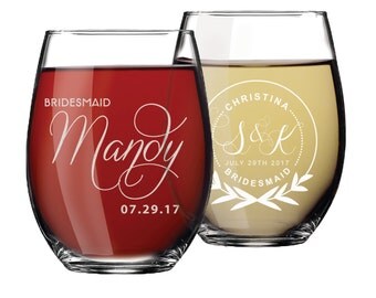Custom Stemless Wine Glasses, Personalized Wine Glasses, Bridesmaid Gift, Bridesmaid Wine Glasses, Etched Wine Glasses, Custom Wine Glasses