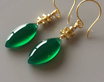 Green Onyx Smooth Drop Earrings with Vermeil Gold