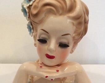 INARCO E-534 head vase blue flowers folded hands 1961 vintage