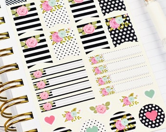 Pretty Stickers, Floral Stickers, Flag Stickers, Planner Stickers, Black and White, Pink and Mint Accents, Sheet of 25 Stickers
