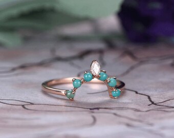 Turquoise Wedding band,14k Rose Gold,Round Cut turquoise,Anniversary ring,Promise ring,Curved Shape,Art deco Marquise,Prong,Gift for her
