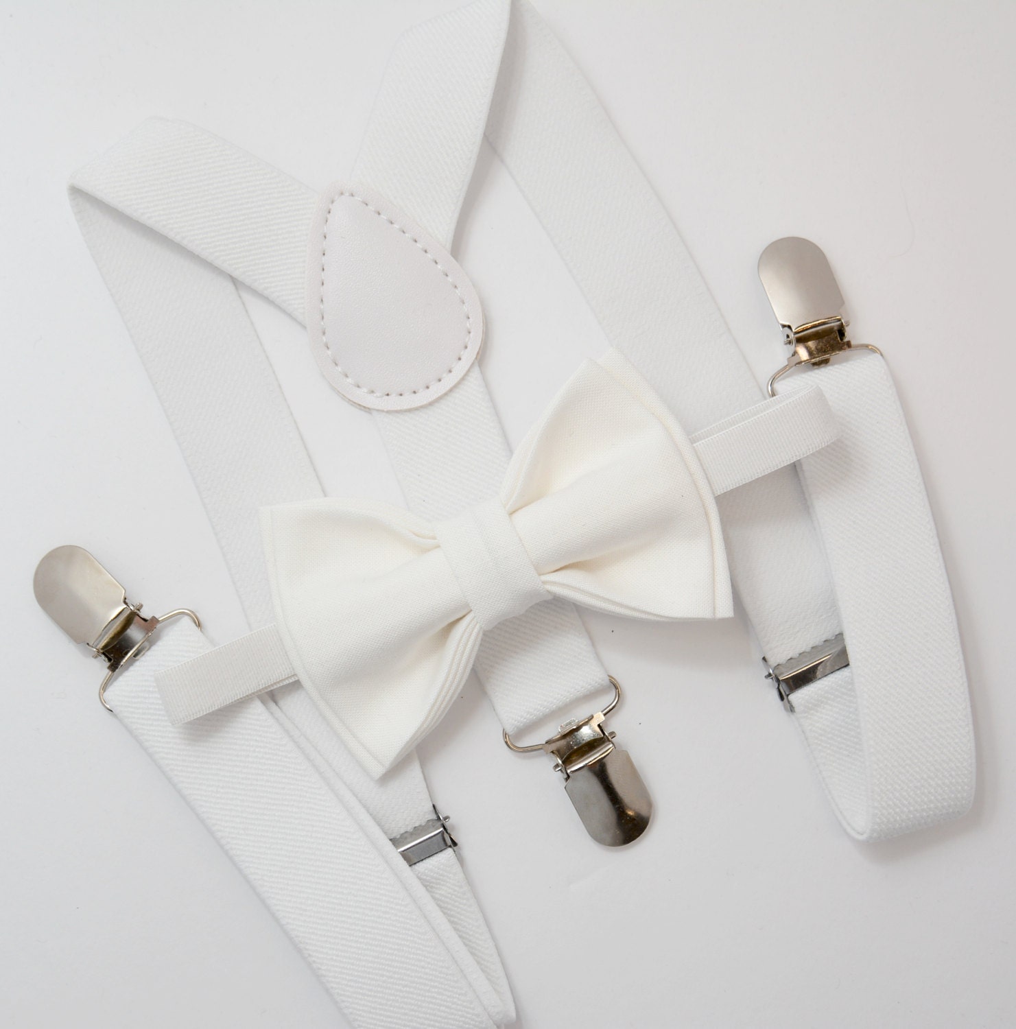 Bow Tie & Suspenders SET / White Bow Tie / White Suspenders