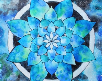 Blue mandala INNER SPACE, ORIGINAL watercolor painting, Ethnic painting, Mandala painting, Indian, Yoga studio interior, Yoga painting