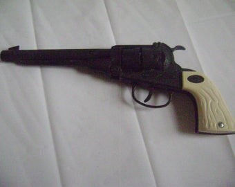 Vintage Cap Gun, Leslie Henry Long Barrel Cap Gun Pistol, RARE Black Die Cast, White Grips, Revolving Cylinder, Western, Cowboy, Toy