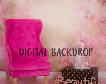 Digital Backdrop Newborn Baby Girl Toddler Pink Princess Chair Fashion Beautiful