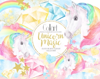 Unicorn Clipart, Rainbow Clipart Watercolor Illustrations, Fairy Tale Baby Shower Kids Party DIY Invitation Gold Glitter, Unicorn Watercolor