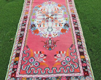 Pink Turkish Kitchen Runner Rug 90 x 34in