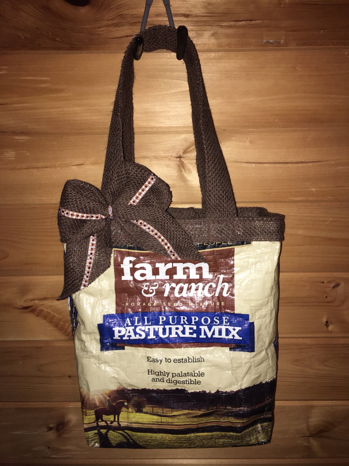 Repurposed feed bag tote