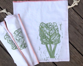 Organic Cotton - Produce Bag - Bulk Bag - Handmade with Zero Waste - Biodegradable - No Synthetic Paints/Fibers - Chard - Plastic Free
