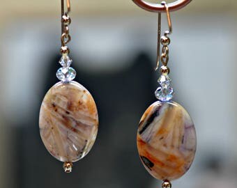 Sagenite Agate 14K gold/Swarovski dangle earrings