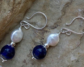 Lapis and Coin Pearl Earrings
