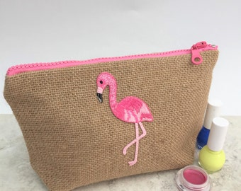 Flamingo Makeup Bag/Small Cosmetics Bag/Makeup Bag/Holiday Travel Pouch/Makeup Bag for Her/makeup organiser/tropical hessian make up bag