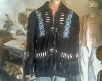 Native american/fringe jacket/leather jacket/mens/70s boho/hippie/jackets and coats/vintage clothing/Men clothing/fringe leather