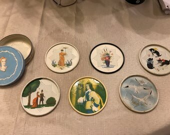 Vintage Metal Coasters with Storage Tin