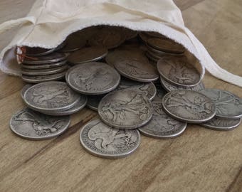 Lot of Ten (10) Walking Liberty Halves (1916-1947) - Five Dollars (HALF ROLL) 90% Silver