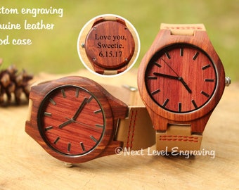 Leather Watches for Men, Engraved Watch Men, Wooden Watch, Boyfriend Birthday Gift, Mens Wood Watches, Gifts for Him, Groom Gift for Husband