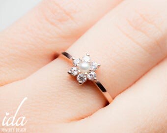 pearl engagement ring 14k rose gold engagement ring lotus flower engagement ring pearl - Pearl Wedding Rings pearl engagement ring 14k rose gold engagement ring lotus flower engagement ring pearl - Pearl Wedding Rings