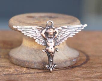French Brass Stamping Winged Dauphin Neoclassical Cherub Putti Frame Pendant Handmade Supply