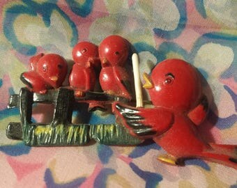 Vintage Brooch Singing Birds on a Fence