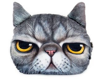 15 in. 3D Angry Grey Cat Cuddle Pillow, Cat Cushion, Free Shipping