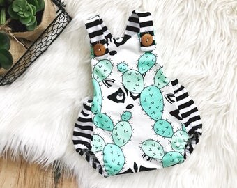 Cactus Romper // Shorts Romper // Bubble Romper // Raccoon Cactus Romper // Baby Girl Romper // Girl Romper // Sunsuit // Cactus Sunsuit