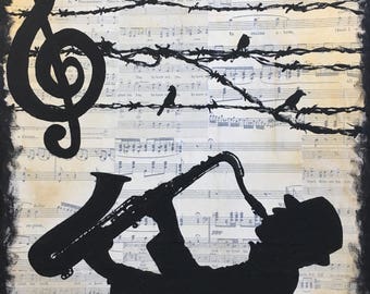Songbird - acrylic painting on vintage collaged music sheets.