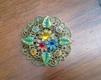 Vintage deco painted floral brooch with stones 1930s