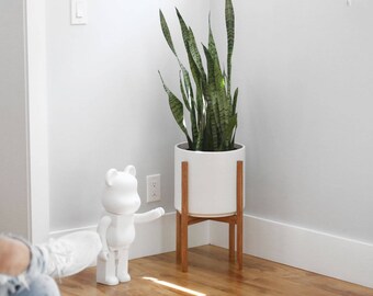 Medium - Mid-century Modern Planter with Oak or Walnut Wood Planter Stand - 10" White Ceramic pot