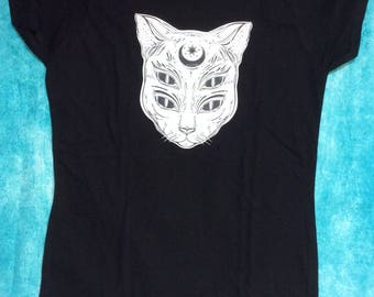 Women's Occult Witchcraft Cat Black T Shirt