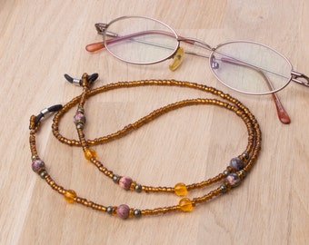 Gemstone eyeglasses chain - Leopardskin agate jasper orange bead glasses chain | spectacle holder | sunglasses cord | eyewear lanyard