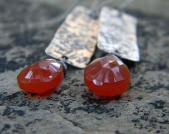 rustic stamped, textured silver earrings with juicy orange carnelian - oxidized silver