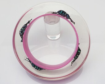 Huge pink lucite bracelet with real beetles