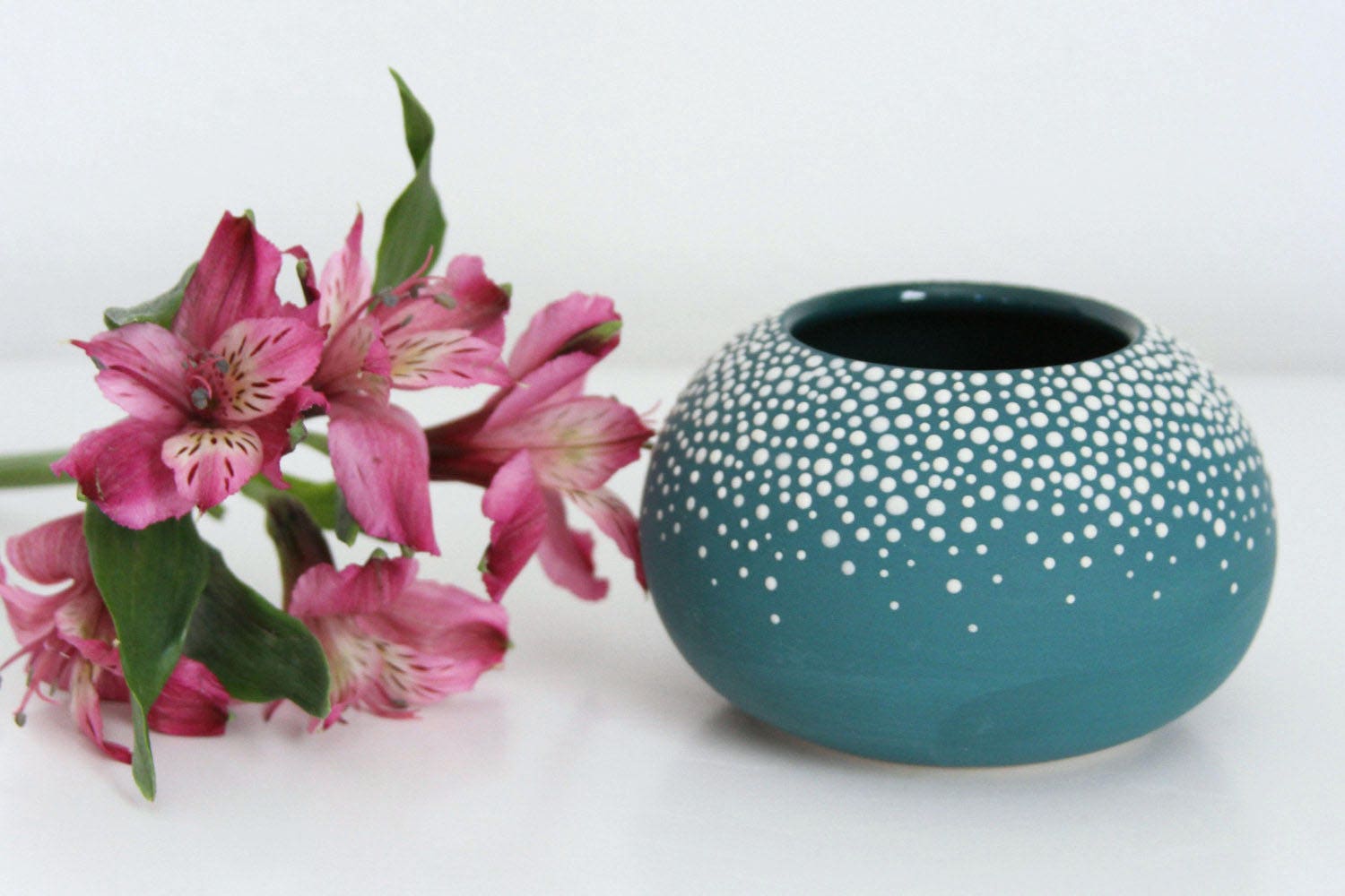 Round Teal Vase with Dots Small Pebble Vase Teal