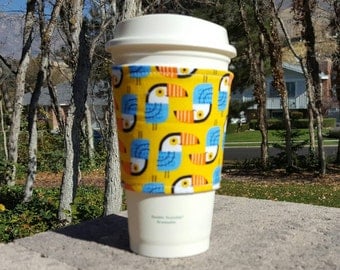 Fabric coffee cozy / coffee cup holder / coffee sleeve -- TOUCANS on yellow