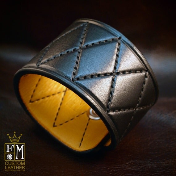 Black Leather Cuff Custom Quilted harlequin Handstitched Luxury wristwear made for YOU in NYC by Freddie Matara