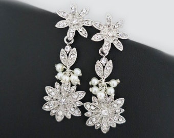Bridal Crystal Earrings, Wedding Earrings Flower, Bridal Earrings Vintage, Rhinestone Flower, Long Dangle, Wedding Jewelry for Brides