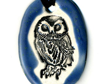 Owl Ceramic Necklace in Deep Blue