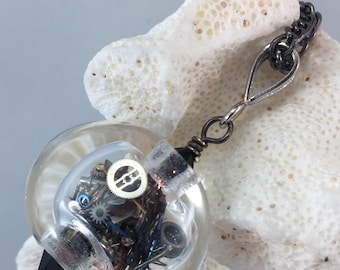 hollow glass bead, time capsule pendant, hollow lampwork bead, lampwork glass pendant, steam punk pendant necklace, clock works necklace