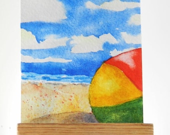 Beach Ball ACEO Original Watercolor Painting Kids Beach Fun Art Seascape Ocean Art Happy Place Painting Florida Beach Vacation Tiny Art Sea