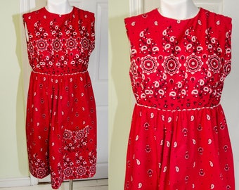 Vintage 1950's 1960's Woman's Red Bandana Print Cotton Sun Dress