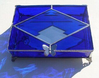 Large Cobalt Blue Stained Glass Jewelry Box with Bevel and Handle of your Choice