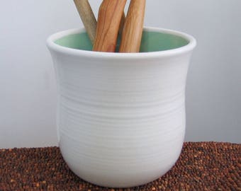 Utensil Crock, Ceramic Utensil Holder, Hand Thrown Stoneware Pottery Utensil Caddy in White and Mint Green, Chef Gift