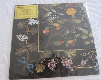 Elegant UNUSED Vintage CASPARI Gift Wrapping Paper Made in Denmark 2 Sheets Lily of the Valley Grape Vines Tulips Black Background