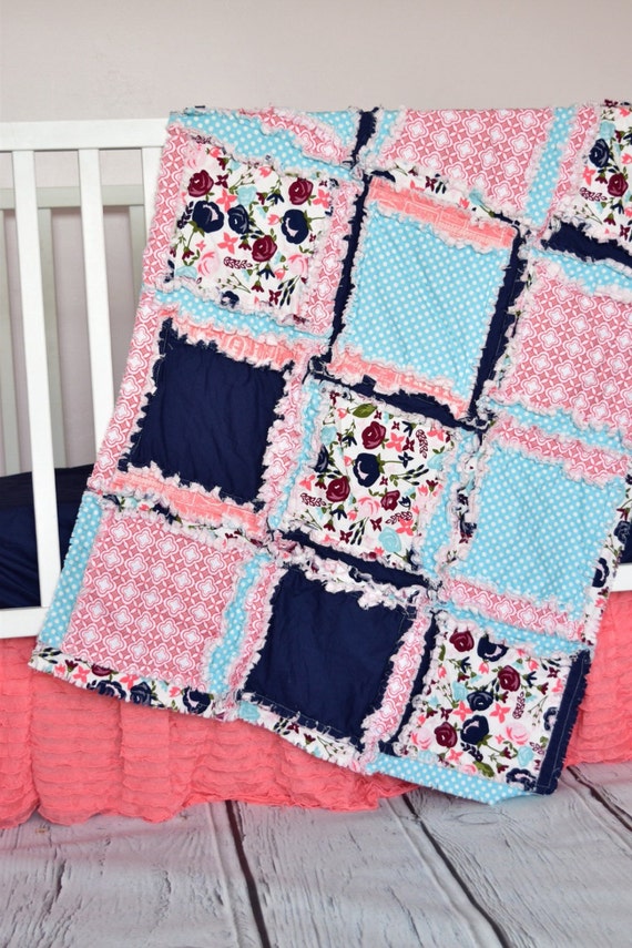 Coral Crib Bedding Pink Bumperless Bedding Nursery Navy