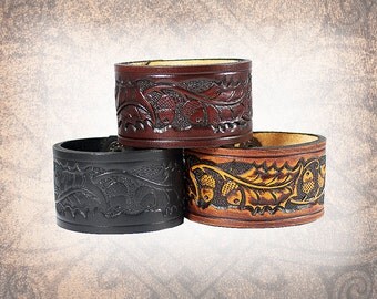Oak and Acorn Leather Cuff, Black leather cuff, Leather Wristband, Leather Bracelet, Leather Band, Cuff - Custom to You (1 cuff only)