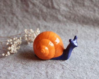 Snail Garden Sculpture in Stoneware with Orange and Cobalt Blue Glaze (small)