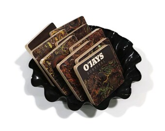The O'Jays recycled Survival album cover wood coasters with warped vinyl record bowl | handmade gift set