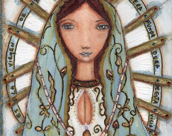 Our Lady of Lujan - Virgen de Lujan - Giclee print mounted on Wood (4 x 5 inches) Folk Art by FLOR LARIOS