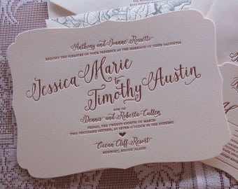 Letterpress Wedding Invitation Sample, Wedding Invitation, Bracket wedding invitation, Shaped Wedding Invitation, Floral Wedding Invitation